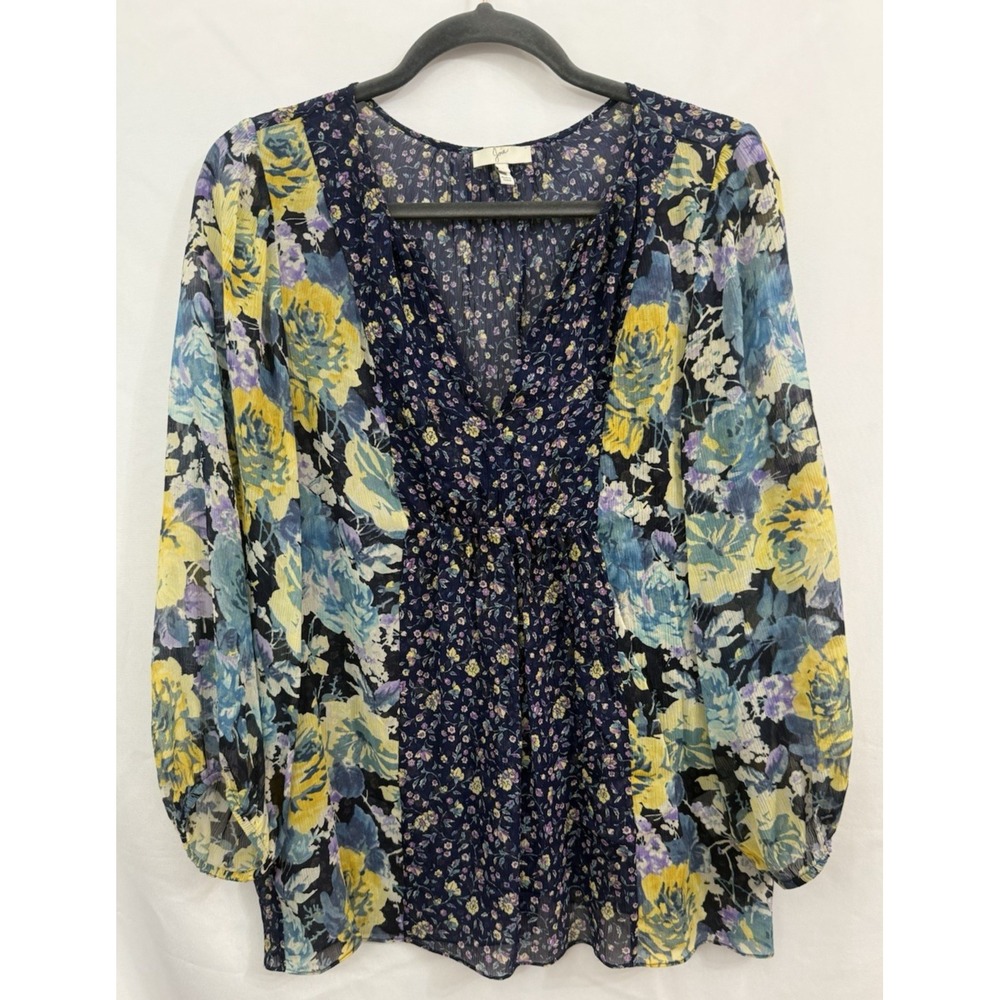 Joie 100% Silk Navy Floral Crepe Sheer Boho Bohemian Blouse Womens Size S